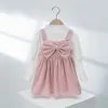 Two Piece Set Children Solid Dress Autumn Winter Fashion Girl Bowknot Suspenders Skirt Sets 2594 Y2