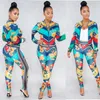 Pantalon de deux pièces pour femmes Femmes Casual Set Manches longues Zipper Bomber Jacket Tops et costumes Fleur Imprimer Survêtement Tenues assorties