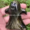 Gold Sheen Black Obsidian Ghost Statue Home Decor Natural Golden Gemstone Carved Lovely Ghost Skull Figurine Decoration Healing Crystal Halloween Sculpture Gifts