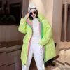 Women's Down Winter Women Mid-length Color Matching Cotton Padded Jacket Stand Collar Hooded Green Yellow Pink Casual Female Outerwear