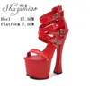 Sandalen Sexy Rivet Model Pole Dancing Shoes Striptease Show Party Club Super High Heel Women 17 CM Platform Red Wedding