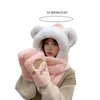 Basker Autumn Winter Bear Ear Plush Novely Animal Hat 3 i 1 mössa med lång halsdukmitten combo skidåkning för kvinnor