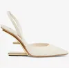 Luxury Real Leather Women Sandals Shoes F-shaped High Heeled Pointed Toe Pumps Gold-Colored Metal Lady Slingback Lady Party Wedding Dress