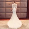 Arabiska sjöjungfrun bröllopsklänningar Dubai Sparkly Crystals Long ärmar Lace Brudklänningar Court Train Tulle kjol Robes de Mariee 403