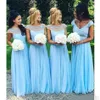 Sky Blue Bridesmaid Dresses Scoop Neck Cap Sleeves Pearls P￤rlade Chiffon Golvl￤ngd Maid av hederskl￤nning land br￶llopsfest slitage
