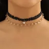 Chaîne de corde noire avec collier ras du cou court en cristal pour femmes collier de chaîne en couches à la mode bijoux de mode accessoires cadeaux