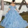 Sparkly Quinceanera Jurken Hemelsblauw Gezwollen Korte Mouw Sweet 15 Galajurk Ruches Tiere Kant Vestidos De XV Anos 326 326