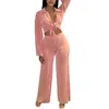 Kvinnors tvåbitar byxor Kvinnor 3 PC Set Halter Bikini Loose Long Sleeve Cardigan Top Wide Leg Pant Suits Summer Solid Fashion Beach