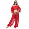 Stage Wear Lady Femmes Adulte Belly Dance Performance Vêtements 4 pièces Ensemble Hauts et pantalons avec des accessoires de danse de pièces d'or