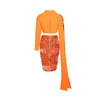 Kvinnors sp￥rningsdr￤kter Fu Rui 2022 Kvinnors sexiga orange paljetter broderi fest l￥ng￤rmad kort topp h￶g midje kjol bandage set