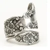 Cluster Rings Vintage Art Nouveau Floral Emfnaced Spoon Ring For Women Girl Flowy Graved Conkave Silverware Jewelry Boho Design R0030