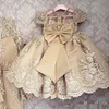 Gold Champagne Princess Girls Pageant Dresses Jewel Neck Cap Sleeves Lace Appliques Pearls Flower Girl Dress Party First Communion Gowns Back With Bow