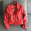 Fashion Street Women Real Sheep Skin Leather Jacket Red ￤kta l￤der Kort smal passande motorcykeljackor