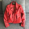 Fashion Street Mulheres Real Ovelha de Couro de Couro Vermelho Couro Genuíno Curto Slim Fit Motorcycle Jackets