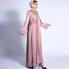 Etniska kläder Dubai Kvinnor Satin Rhinestone Abaya Maxi Cardigan Dress Fashion Muslim Plain Drawstring Robe Kaftan Elegant Party Evening