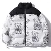 Men's Down Men Cartoon Bear Imprimer Veste d'hiver Femme Patchwork Harajuku Simple Surdimensionné Rembourré Puffer Coupe-Vent Parka Lâche Chaud Vêtements D'extérieur