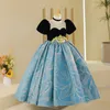 Blumenmädchenkleider Juwel Neck Ballkleid Spitzen Applikationen Perlen mit Bogen Gkids Mädchen Gold Blue Festzug Kleid Sweep Zug Geburtstagskleider 403