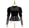 Kvinnorjackor uts￶kta Rhinestone Velvet Patch Leather Jacka Kvinnor Vintage Puff Sleeve Back Dragkedja Fashion Midjelimma stativkrage