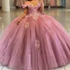 Pink Quinceanera Dresses Off The Shoulder Glitter Tulle Appliques Ball Gown Pageant Birthday Party Sweet 16 Vestidos De 15 Anos