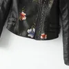 Women Jackets Retro Floral Printing Embroidery Imitation Soft Leather Jacket Lapel Fashion Short Coat