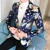 Herrdräkter blå män blazers mönster smal passform vit blommor fashionabla jacka för festklänning social klubb prom stil streetwear