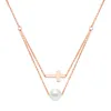 Pendant Necklaces Stainless Steel Jewelry Rose Gold Pearl Necklace With Cross Double Mult-Layer For Valentine Day Gift