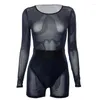 Kvinnors spårningsdräkter 2022 Vintermask matchande set Crew Neck Full Sleeve Skinny Bodysuit bandage höftmonterade shorts se genom sexig klubb 2