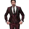 Мужские костюмы Blazers Suit Slim Fit 3 штук Бургундии смокинг нежный мужской свадебный лацкат лацкат для жениха Терно брюки жилет 221021