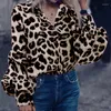 Kvinnors blusar Kvinnor Lossa Leopard Tryckt skjorta Autumn Fashion Lapel Long Puff Sleeve Blue Elegant Office Lady Polka Dot Button Cardigan
