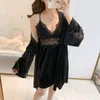 Dames slaapkleding sexy hollow out kanten bloemen robe sets bruid lingerie dressing kimono badjas jurk v-hals nachthemd herfst huis