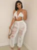 Women's Two Piece Pants Hirigin Pieces Set Sexy Knitted Halter V-Neck Lace Up Backless Tassel Skinny Crop Tops Hollow Out Streetwear Outfits