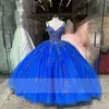 Real Blue Crystal Quinceanera Vestidos de luxo de renda de renda tule tulle Princess Corset Party Sweet 16 Vestidos de 15 Anos