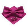 Bow Ties Mens Formal Solid Color Polyester Bowtie Pocket Square Cufflinks Sets Bow Tie Handkerchief Cuff Links Lots Three Piece Set L221022