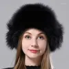 Berets zimowy ciepły lot w lotnictwie naturalne futro z uszami żeńska puszysta moda mody ogonowa skóra