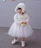 Girl Dresses 2022 Born White Dress For Baptism Long Sleeves Baby Lace Christening Prom Toddler Birthday Weeding Party Wear Hat