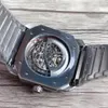 スケルトンメンズウォッチカービング自動ムーブメント41mmスチールストラップグレー八角形式ダイヤルシンプルな両手腕時計