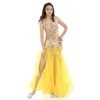 Stage Wear Women Sexy Belly Dance Top Beaded Belt & Skirt 3 Pieces Costume Outfit Set Bra Female Bollywood Clothe