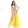 Scene Wear Women Sexy Belly Dance Top pärlbältet kjol 3 stycken kostym outfit set bh kvinnlig bollywood kläd