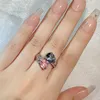 Anneaux De Mariage Exquis Couleur Argent Bijoux Double Goutte D'eau Bleu Rose Zircon Pierre Anneau Redimensionnable Pour Les Femmes Cadeau D'anniversaire De Luxe