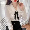 Blouses femininas elegantes escritório de moda senhora camisa branca camisa de manga longa blusa de chiffon tops estilo gravata borbole