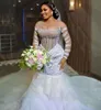 Luxe trouwjurk kralen lovertjes bruidsjurken op maat gemaakte pure nek juweel lange mouwen gelaagde ruches Arabische Dubai plus size vestidos de novia