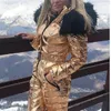 Skiddräkter Ski Jumpsuit Kvinnor Vinter Ytterkläder Varm vadderad One Piece Huva Snowsuit Päls Krage Shinny Waterproof Snowborad Suit