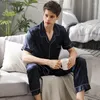 Pijama de roupas de dormir masculina de pijamas de verão de seda de seda de seda de manga curta de duas peças cetim cetim de estilo fino azul marinho x90010