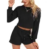 Chándales para mujer Suéter de punto para mujer Pantalones cortos Trajes de dos piezas Mujer Ocuello Manga larga Crop Top Lace Up Cordón Casual Homewear