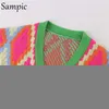 Maglieria da donna Tees Sampic Winter Women Basic Scollo a V Maglieria oversize Argyle Cardigan Verde Autunno Moda Y2K Maglione lavorato a maglia 221024