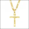 H￤nge halsband riktiga 10k gul fast fint guld Jesus korsa Crucifix Charm Big Pendant 55x35mm Figaro Chain Necklace Drop Delivery Dhpho