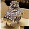 Solitaire Ring Migne Crystal Crystal White Zircon Stone Ring Set Luxury 925 Sier Engagement Vintage Bring Brings pour femmes Drop Dhbc6