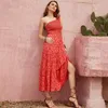 Casual jurken zomer vrouw 2022 rode bloemen boho een schouder mouwloze elastische top elegant feest flowy Boheems Midi Beach Sundress