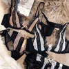 Bras Sets Sexy Lace No Steel Ring Lingerie Triangle Cup Stripe Contrast Color Bralette Ultra-thin Perspective Bra Set Deep V Underwear Set T220907