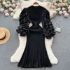 Spring New Fishtail Dress Temperament Versatile Design Bubble Sleeve Panel Round Neck Slim Knitted Dress